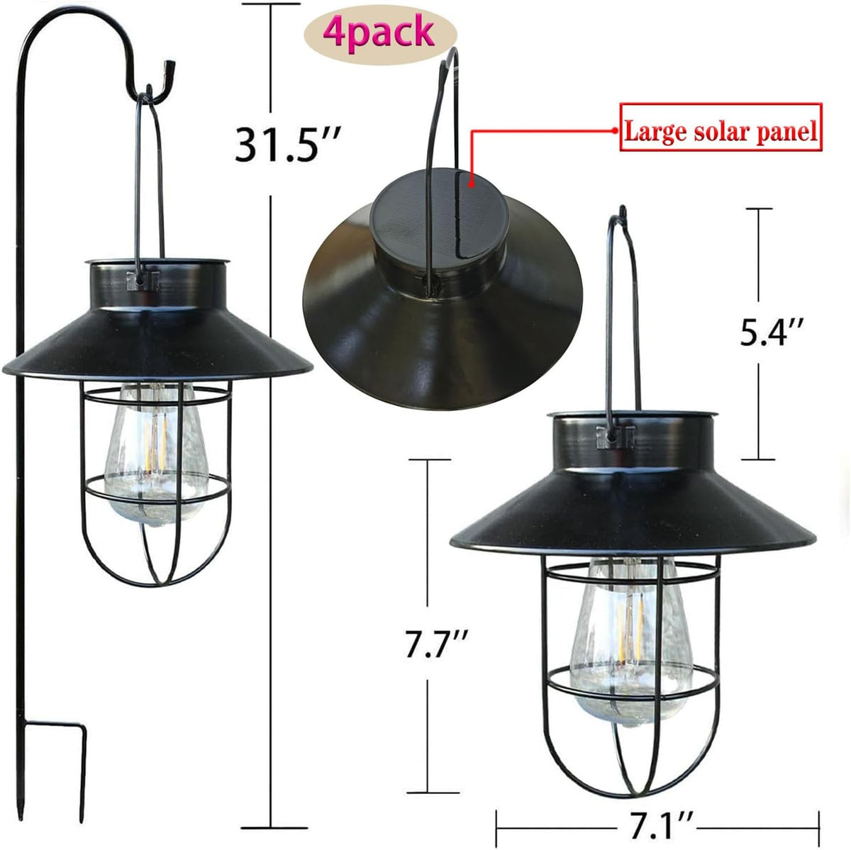 4 Pack Hanging Solar Lantern Lights with Shepherd Hook, Metal Waterproof Warm White Edison Bulb