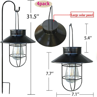 4 Pack Hanging Solar Lantern Lights with Shepherd Hook, Metal Waterproof Warm White Edison Bulb