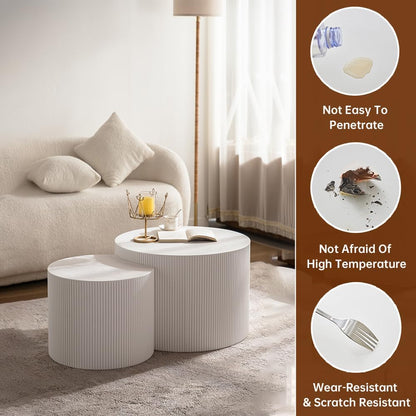 Round Nesting Coffee Table Set of 2 Modern White Fluted Coffee Table Small Round End Table Crescent