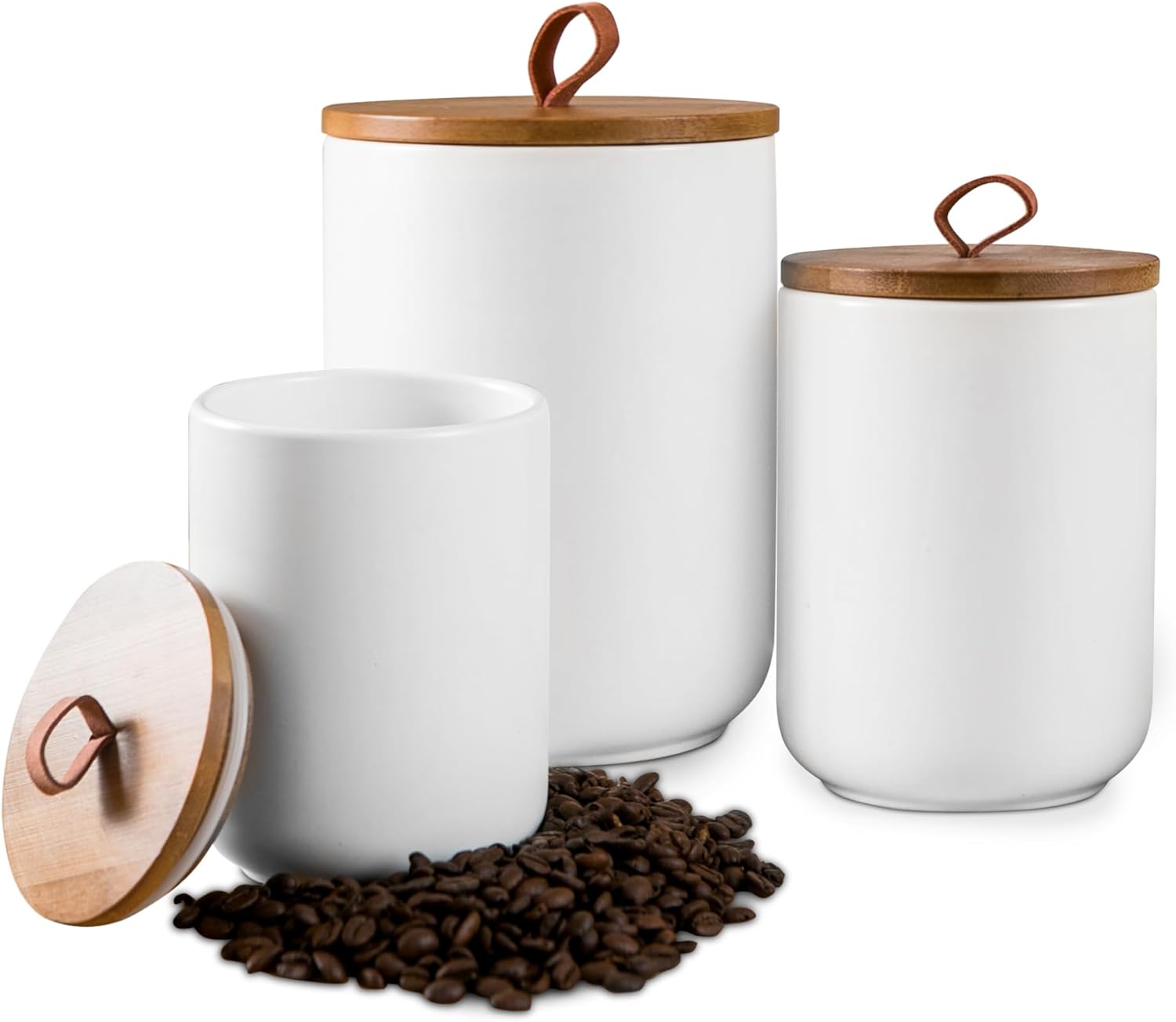 White Canister Sets for Kitchen, 3pcs Ceramic Canisters with Airtight Wooden Lid, Food Storage Jar