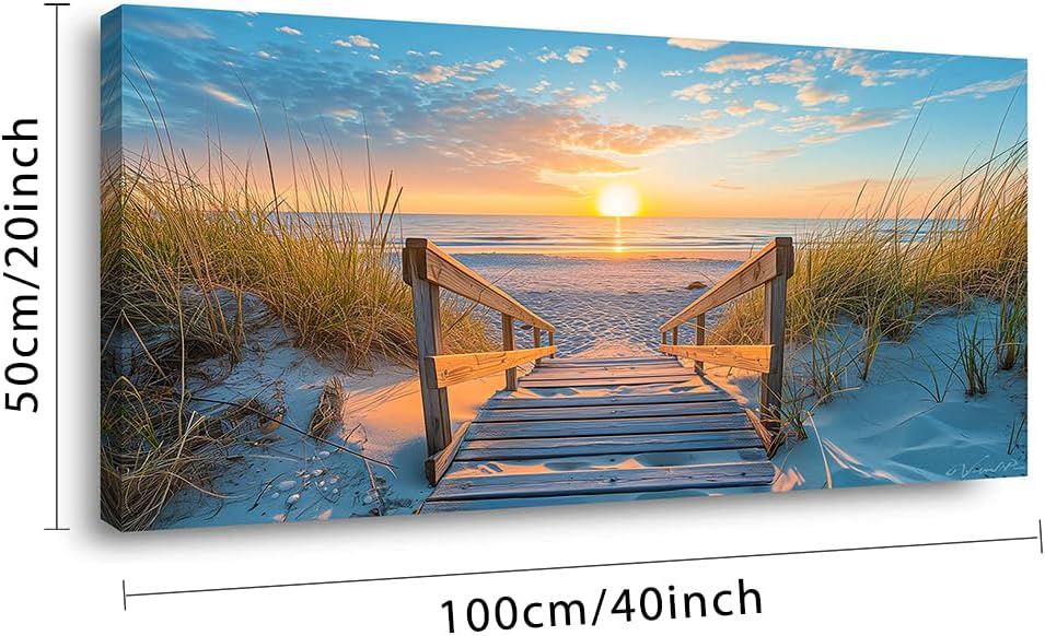 LASMOND Beautiful White Sandy Beach Pier by Seaside at Sunset Landscape Wall Art Decor Artwork for