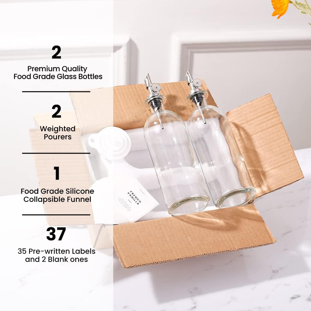 Molimoli Oil and Vinegar Dispenser with Metal Pour Spout, Weighted Pourer, Glass Bottle Dispenser