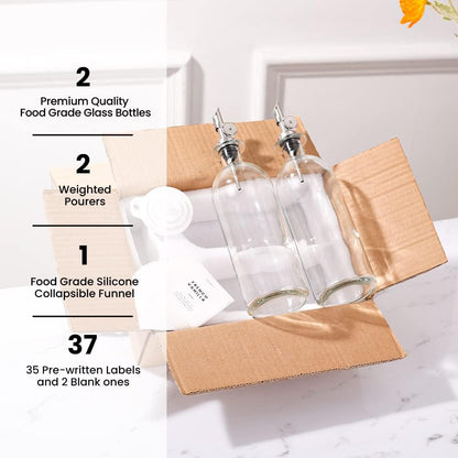 Molimoli Oil and Vinegar Dispenser with Metal Pour Spout, Weighted Pourer, Glass Bottle Dispenser