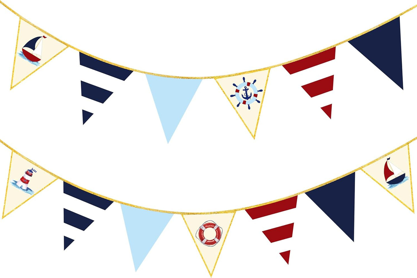 Navy Red Beige Gold Glitter Stamping Paper Pennant Banner Flag Triangle Bunting for Nautical Pirate