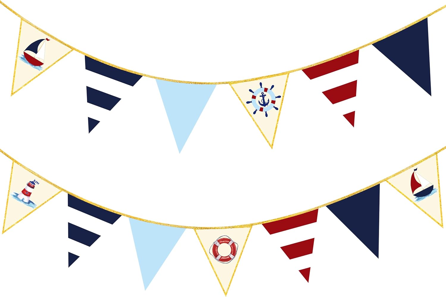 Navy Red Beige Gold Glitter Stamping Paper Pennant Banner Flag Triangle Bunting for Nautical Pirate