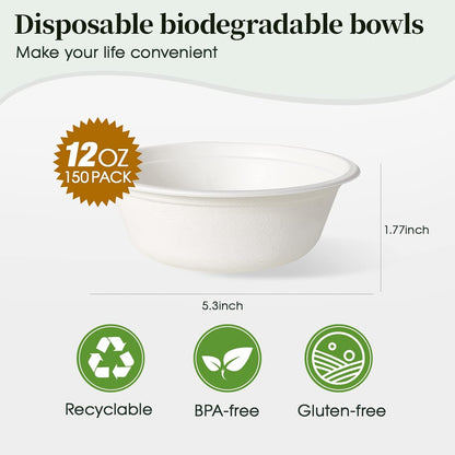 ECOLipak 150 Pack 12 oz Paper Bowls Disposable, Heavy-Duty Biodegradable Compostable Bowls Made of