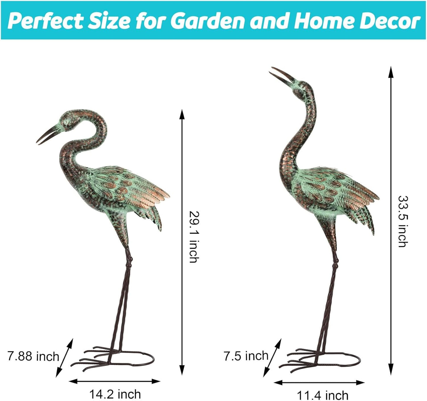 Shorayn Garden Crane Statues, Blue Heron Sculptures for Outdoor, Cranes Decor Metal Bird, Patina