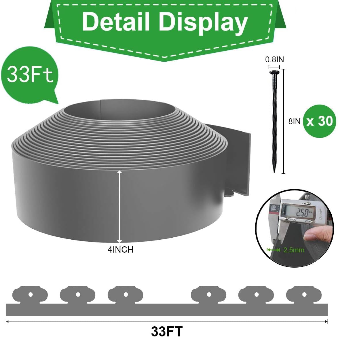 Landscape Edging,33ft x 4inch Tall Plastic Garden Edging Border with 30 Spikes,Lawn Edging for