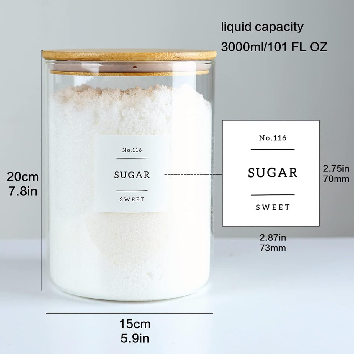 Large Glass Flour and Sugar Containers Jars with Bamboo Airtight Lid - 100 Fl Oz (3000ml) with