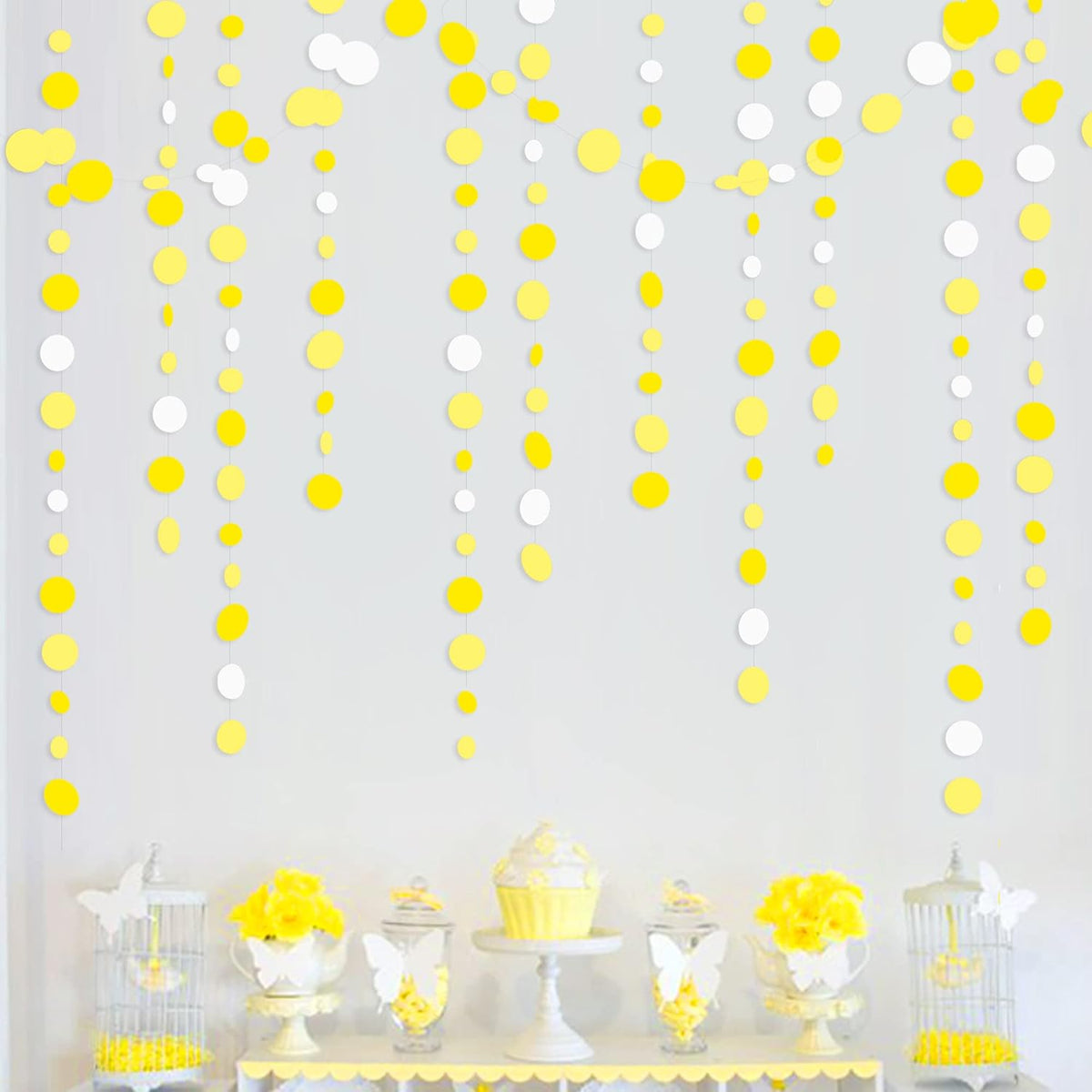 46 Ft Yellow White Circle Dots Garland Gradient Yellow Polka Dot Hanging Paper Streamer for Wedding