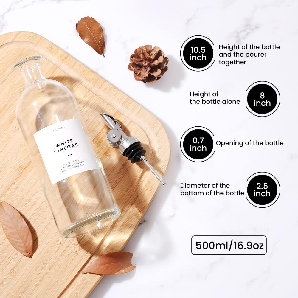 Molimoli Oil and Vinegar Dispenser with Metal Pour Spout, Weighted Pourer, Glass Bottle Dispenser
