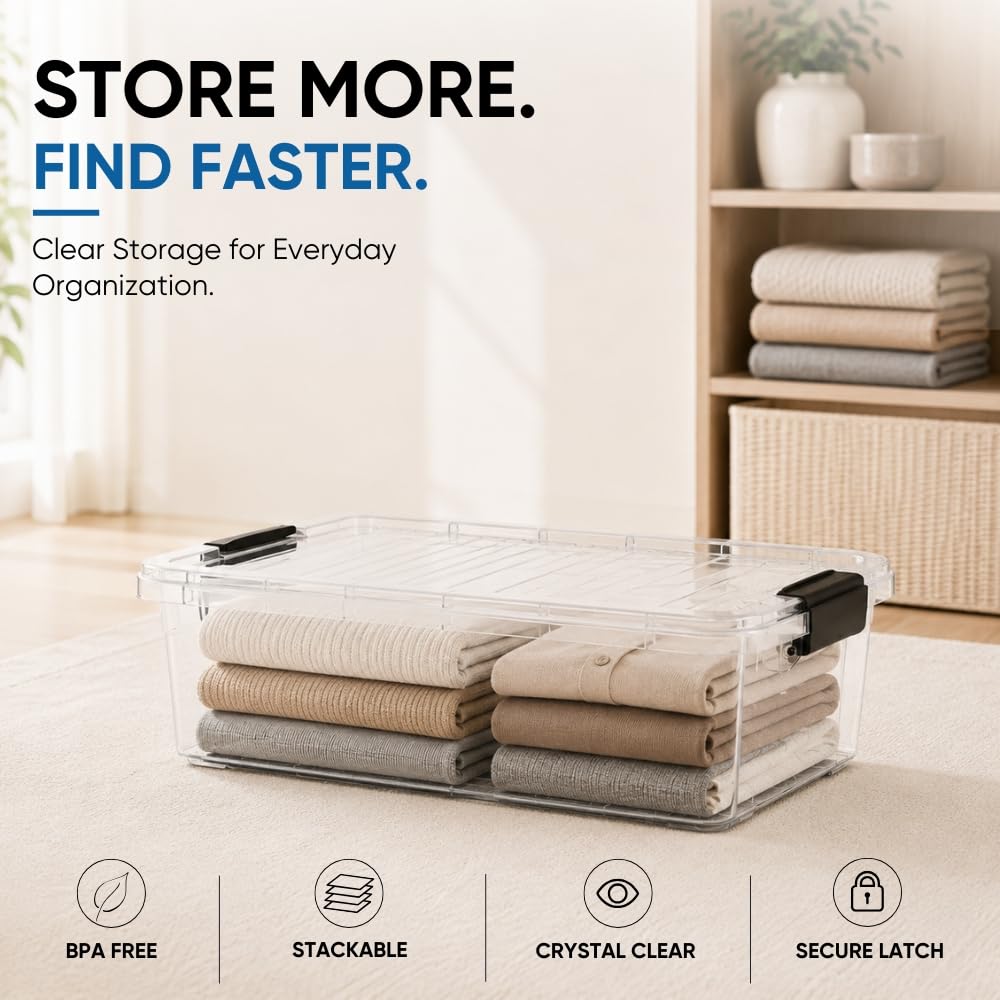 Superio Clear Storage Boxes with Lids, 13.7 Quart Plastic Container Bins for Organizing, Stackable