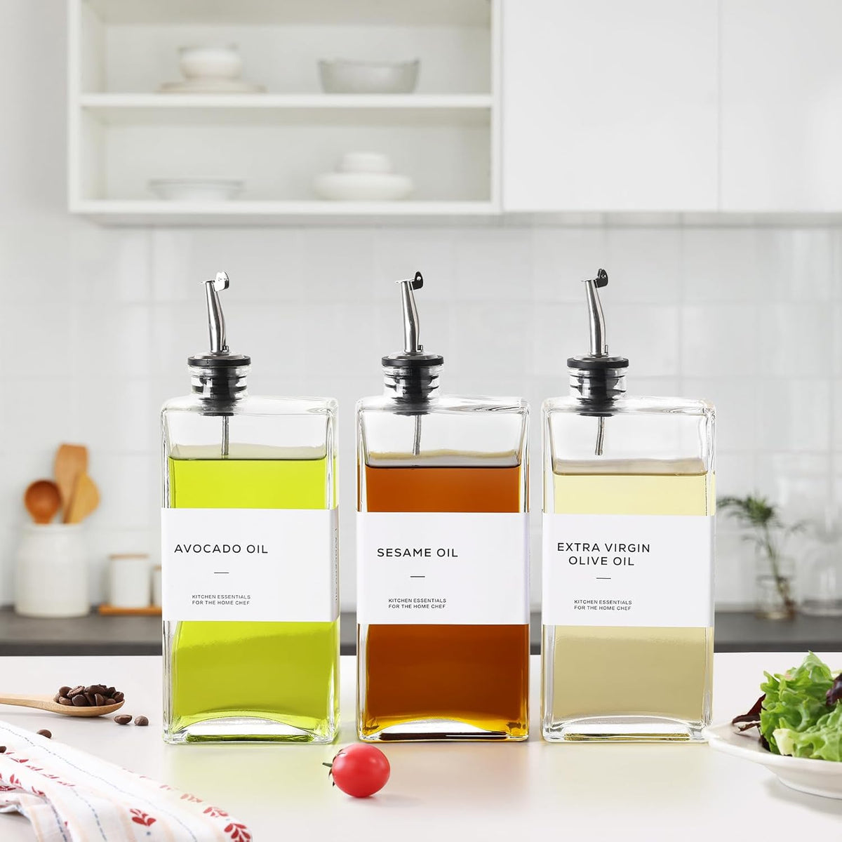 Olive Oil Dispenser Bottle for Kitchen, 3 Pack Glass Oil and Vinegar Dispenser Set, Elegant Book
