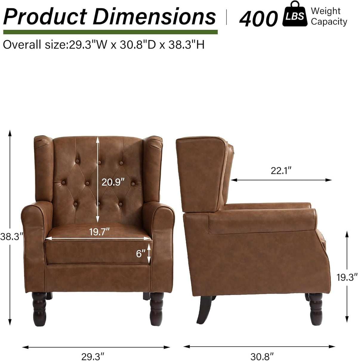 Accent Chair, Upholstered Armchair with Button Tufted High Back & Solid Wood Legs, Comfy Wingback