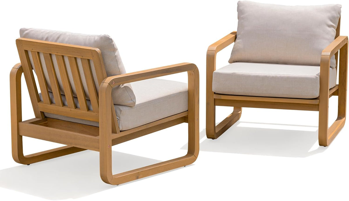 Idzo Ivy Wood Club Chair Set of 2 – Beige Fabric, Outdoor Wooden Armchair Seating with Cushions for