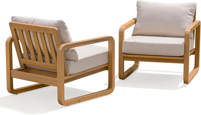 Idzo Ivy Wood Club Chair Set of 2 – Beige Fabric, Outdoor Wooden Armchair Seating with Cushions for