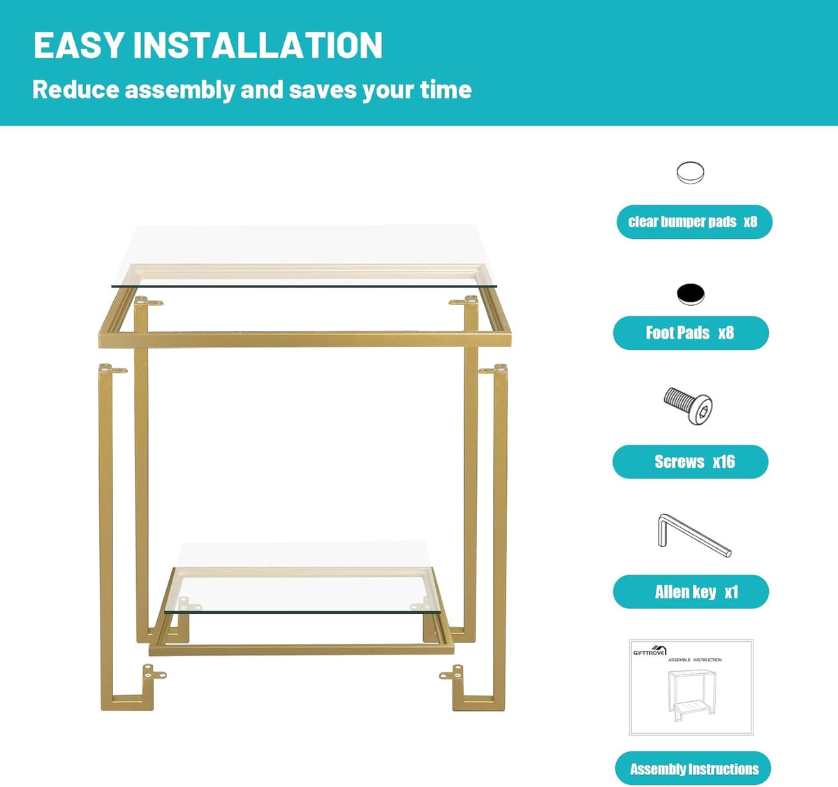 2 Tier Rectangular Side Table, Gold End Table with Glass Top, Modern Metal Clear Coffee Table，Small