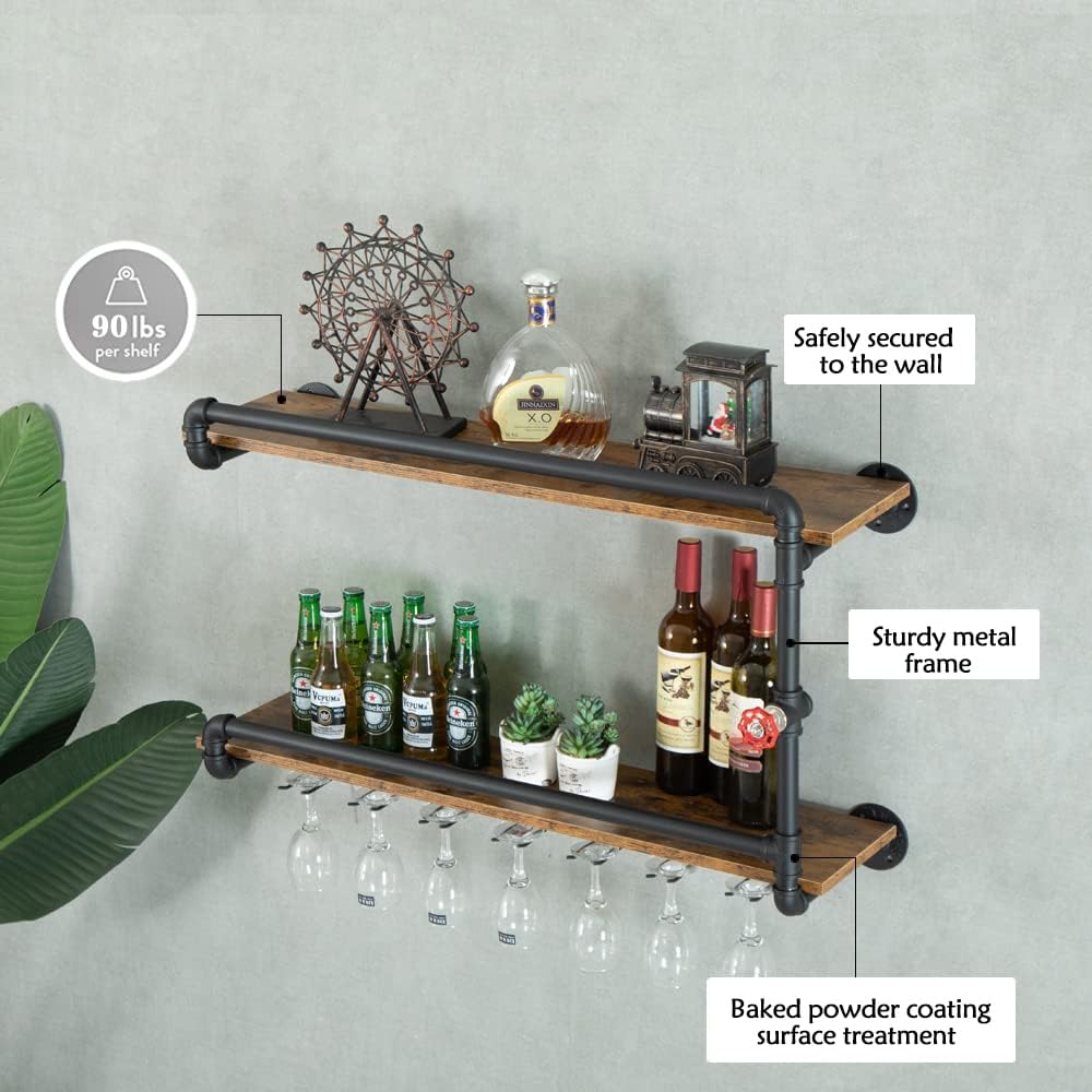 Wine Rack Wall Mounted 2 Tier, Hanging Floating Bar Liquor Shelves with Glass Holder Storage Under