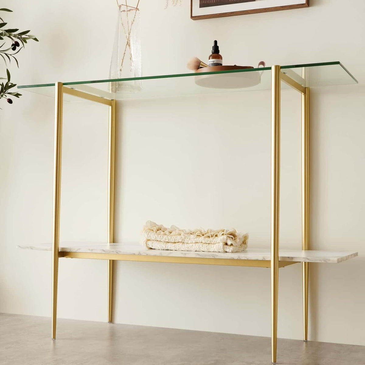 Glass Console Table for Living Room, Foyer & Entrance, 2-Tiers Mid-Century Modern Sofa Table with