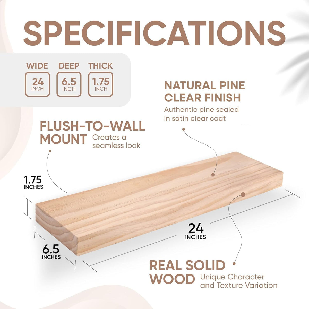 Homeforia 24 inch Natural Floating Shelf, High End Solid Real Wood 24inch Small Floating Shelves