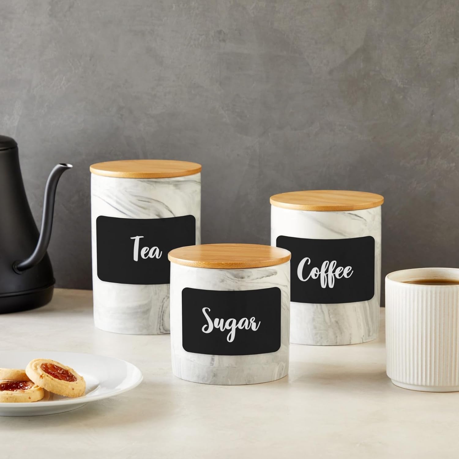 Farmlyn Creek Sugar & Coffee Container Set 3-Piece - White Marble Finish Ceramic Jar Set - Airtight