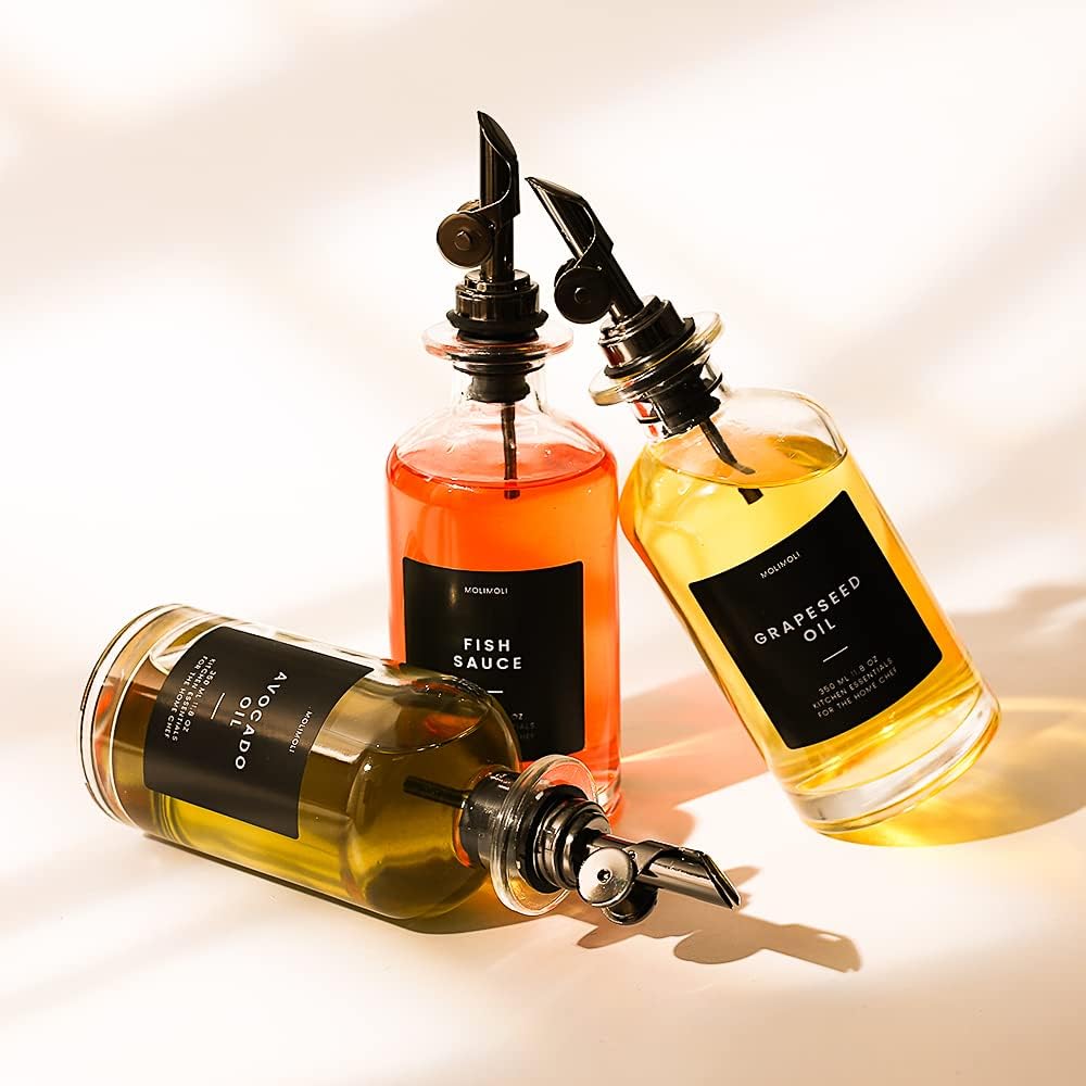 Molimoli Oil and Vinegar Dispenser with Metal Pour Spout, Weighted Pourer, Glass Bottle Dispenser