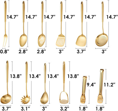 Gold Kitchen Utensils Set, 12 PCS Brass Matte Serving Utensils, 18/10 Stainless Steel All Metal