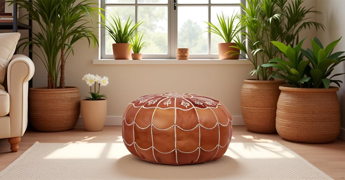 Stuffed Arch Design Moroccan Leather Pouf Ottoman, Handmade, Pre-Filled, 100% Genuine Leather, 14”