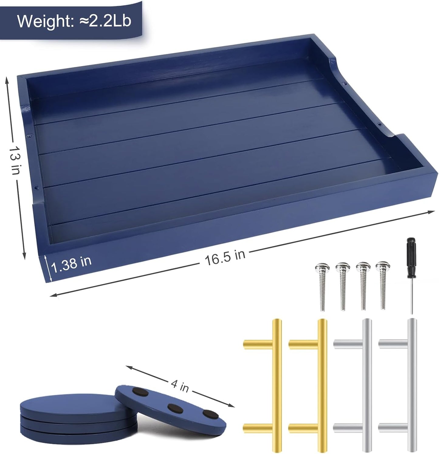 Coffee Table Tray - Large Ottoman Tray for Living Room - Wood Serving Tray with Handles(2 Sets)