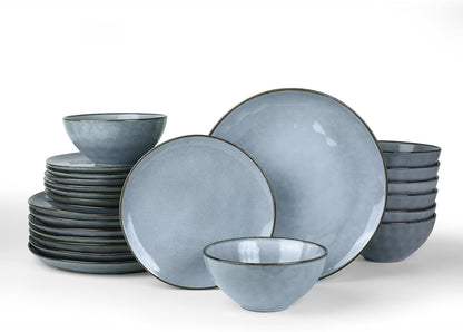 Famiware Dinnerware Sets for 8, Ocean Round 24-Piece Kitchen Plates and Bowls Sets, Reactive Glaze