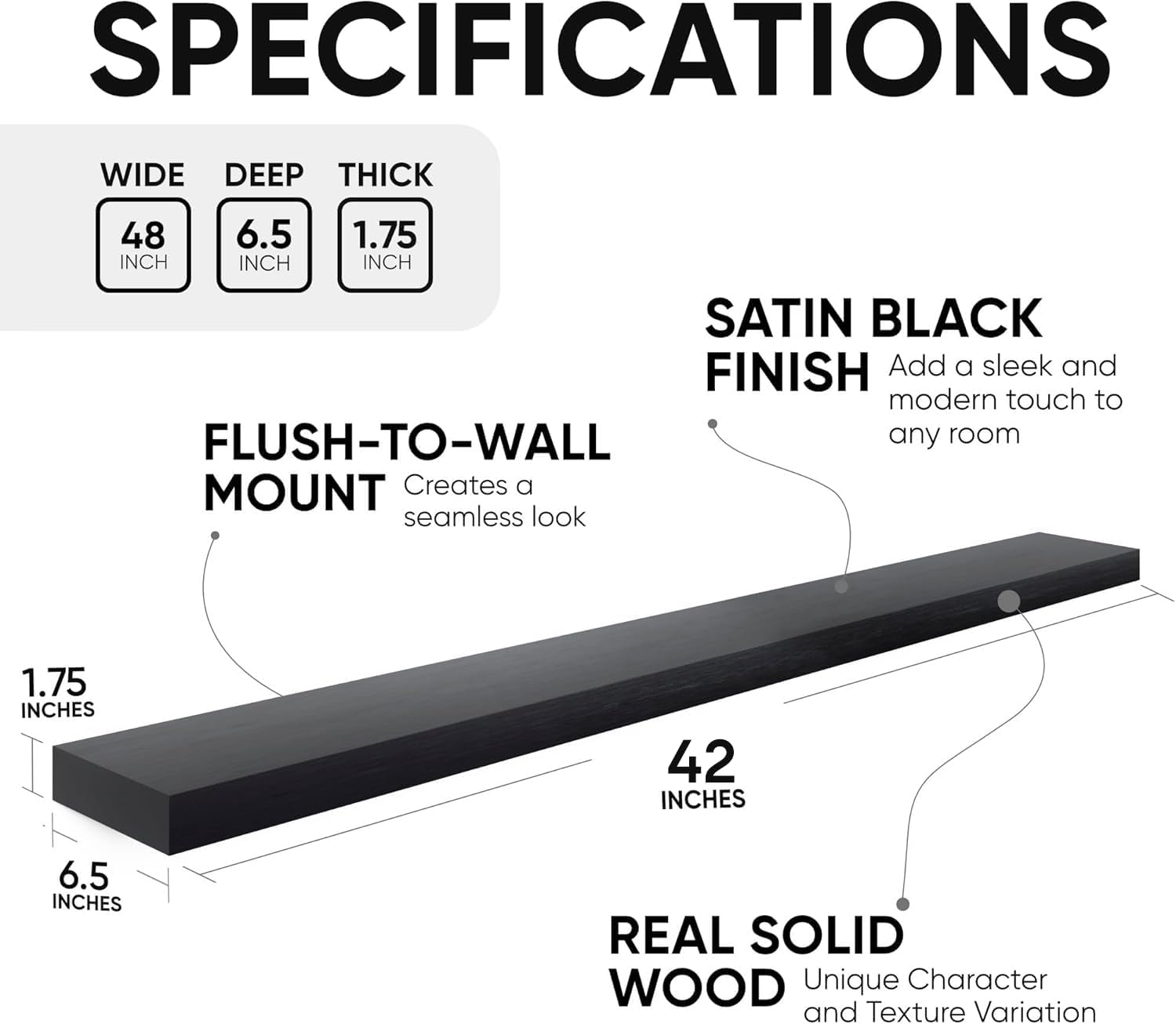 Homeforia Floating Black Shelf 42 inch, High End Solid Real Wood 42 inches Long Floating Shelves