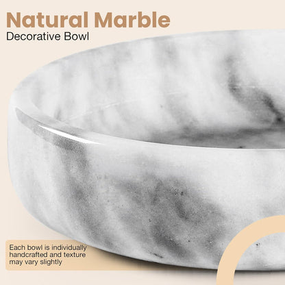 Marble Decorative Bowl - 7.5" White/Grey Solid Marble Centerpiece - Handmade Stone Fruit Bowl