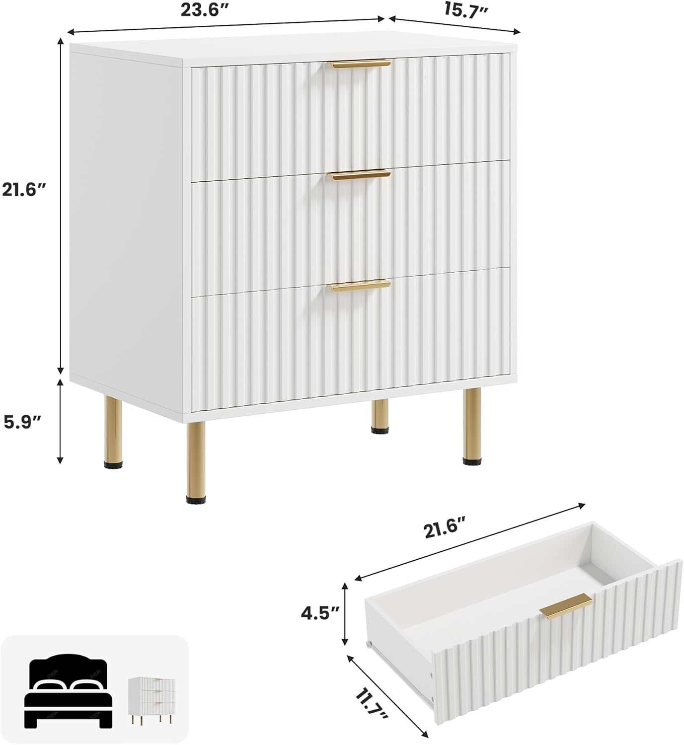 White 3 Drawer Dresser for Bedroom, Fluted Modern Nightstand with Deep Drawers, Chest of Drawers