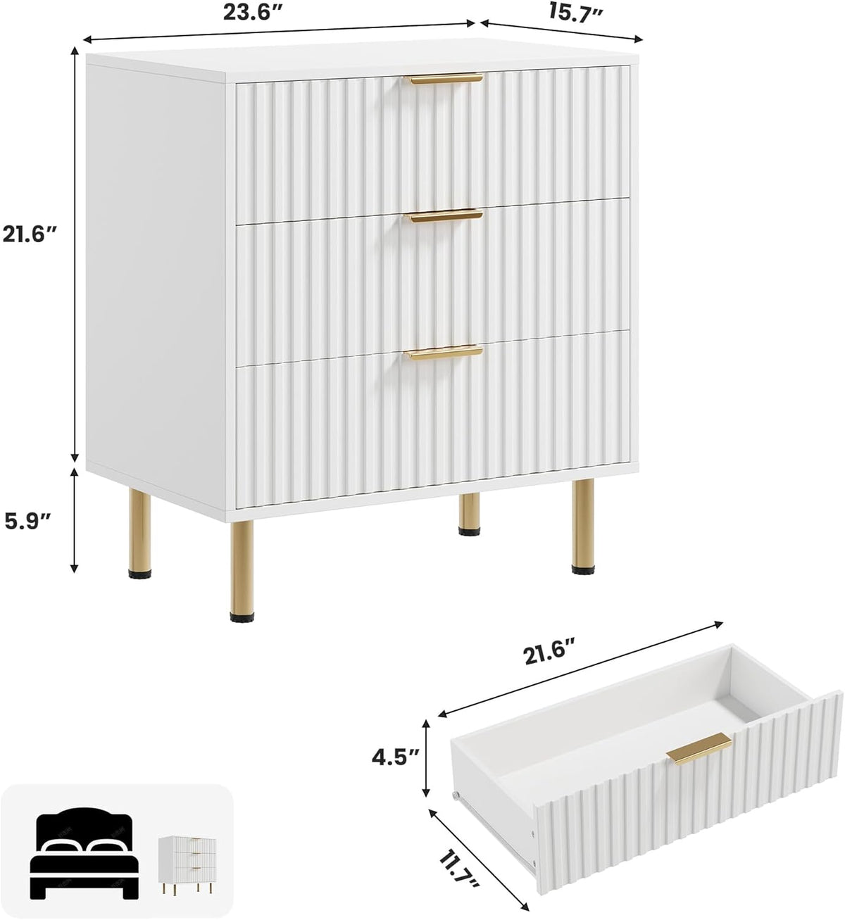 White 3 Drawer Dresser for Bedroom, Fluted Modern Nightstand with Deep Drawers, Chest of Drawers