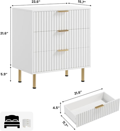 White 3 Drawer Dresser for Bedroom, Fluted Modern Nightstand with Deep Drawers, Chest of Drawers