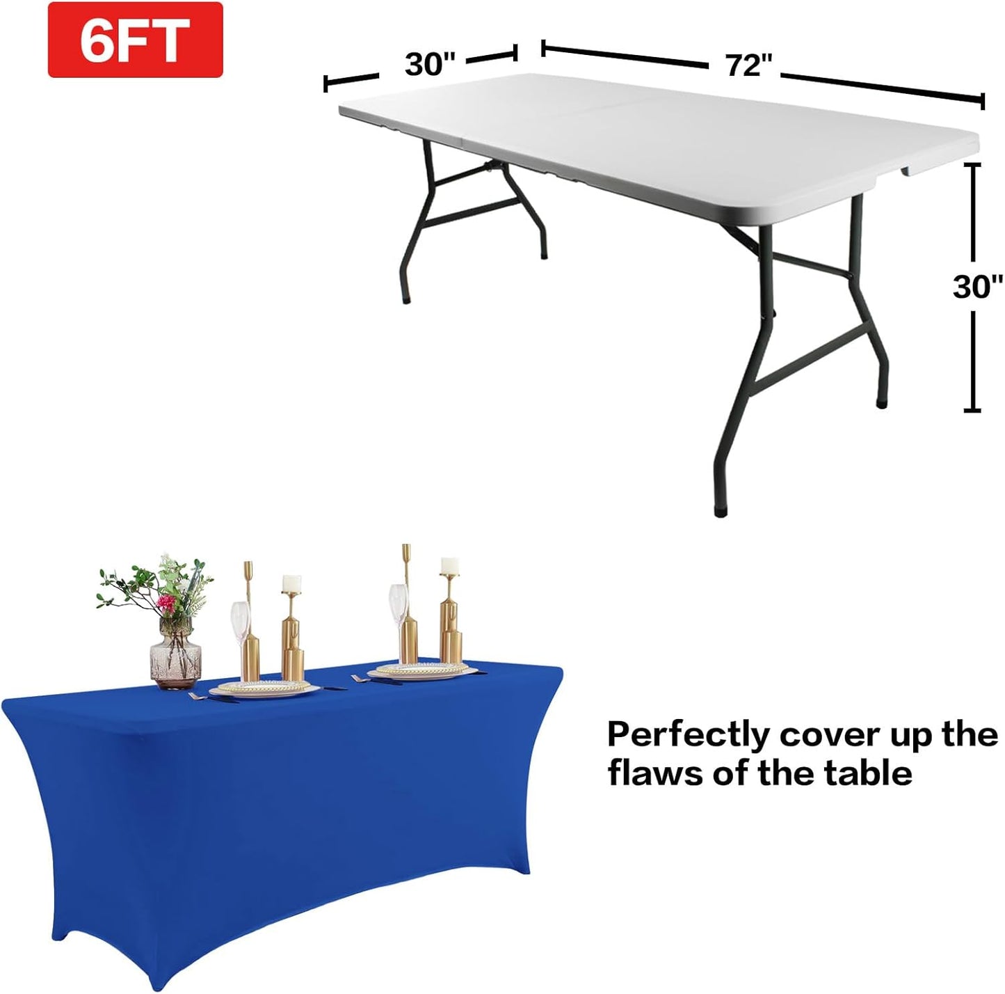 IVAPUPU 2 Pack 6FT Table Cloth for Rectangular Fitted Events Stretch Royal Blue Table Covers
