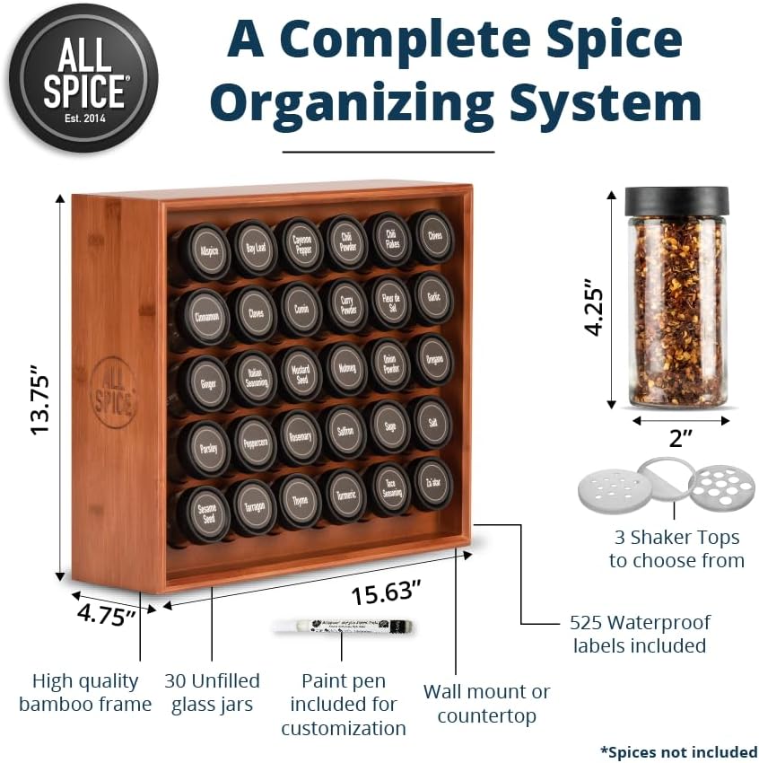 AllSpice Spice Rack Organizer, Wood, 525 Unique Labels, Countertop or Wall Mount, Includes 30 4oz