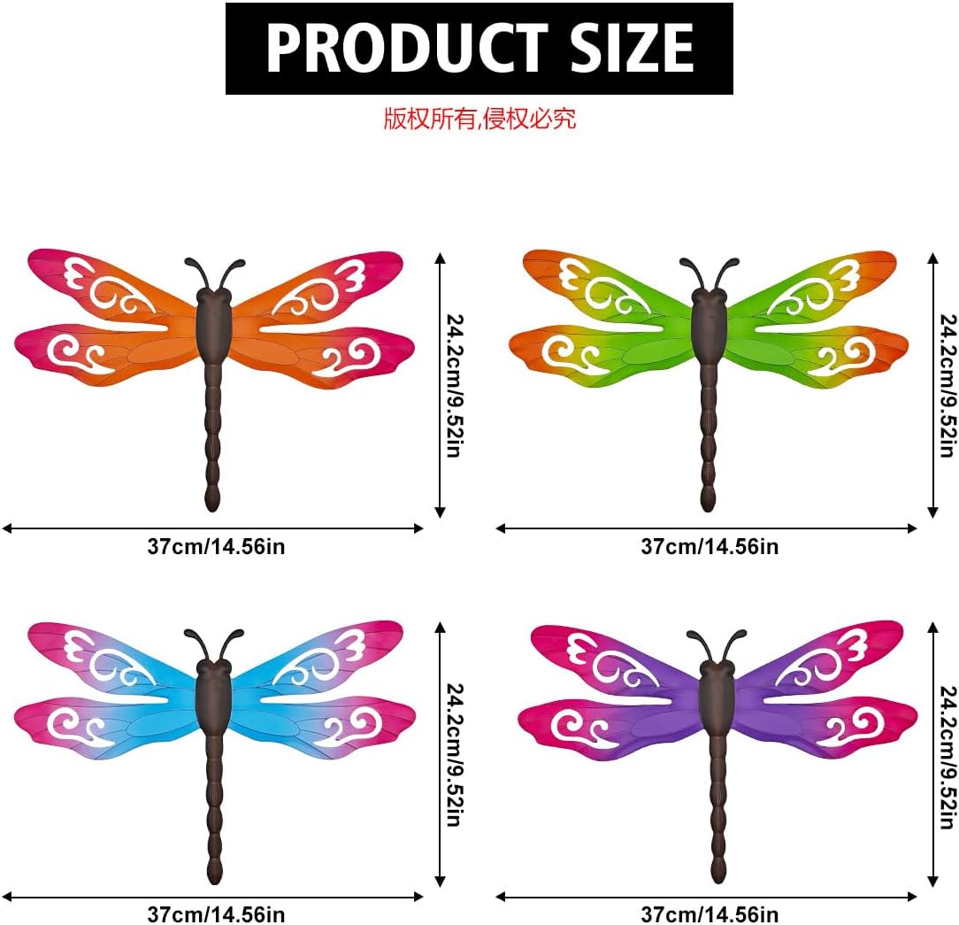 Metal Dragonfly Wall Decor, 4 Pack 14inch Metal Dragonfly Wall Hanging Sculpture Decor for Outdoor