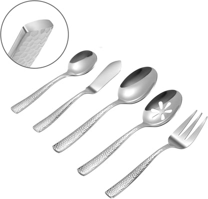 Silverware 45-Piece Silver Hammered Flatware Set with Serving Utensils Stainless Steel Thick Handle