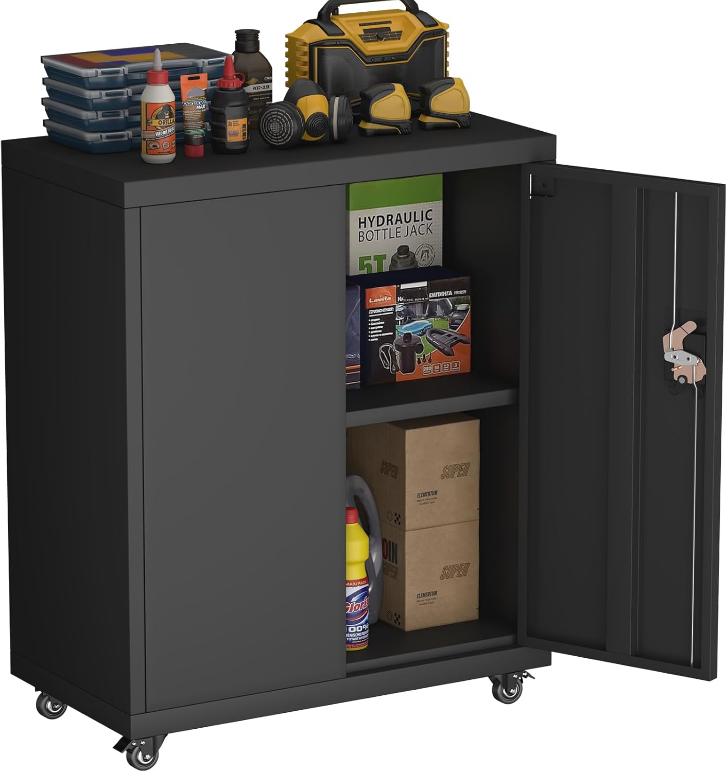Metal Storage Cabinet with Wheels,Lockable Steel Rolling Storage Cabinet with 2 Doors for