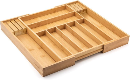 Bamboo Drawer Organizer with Knife Blocks - Silverware Organizer & Utensil Drawer Organizer