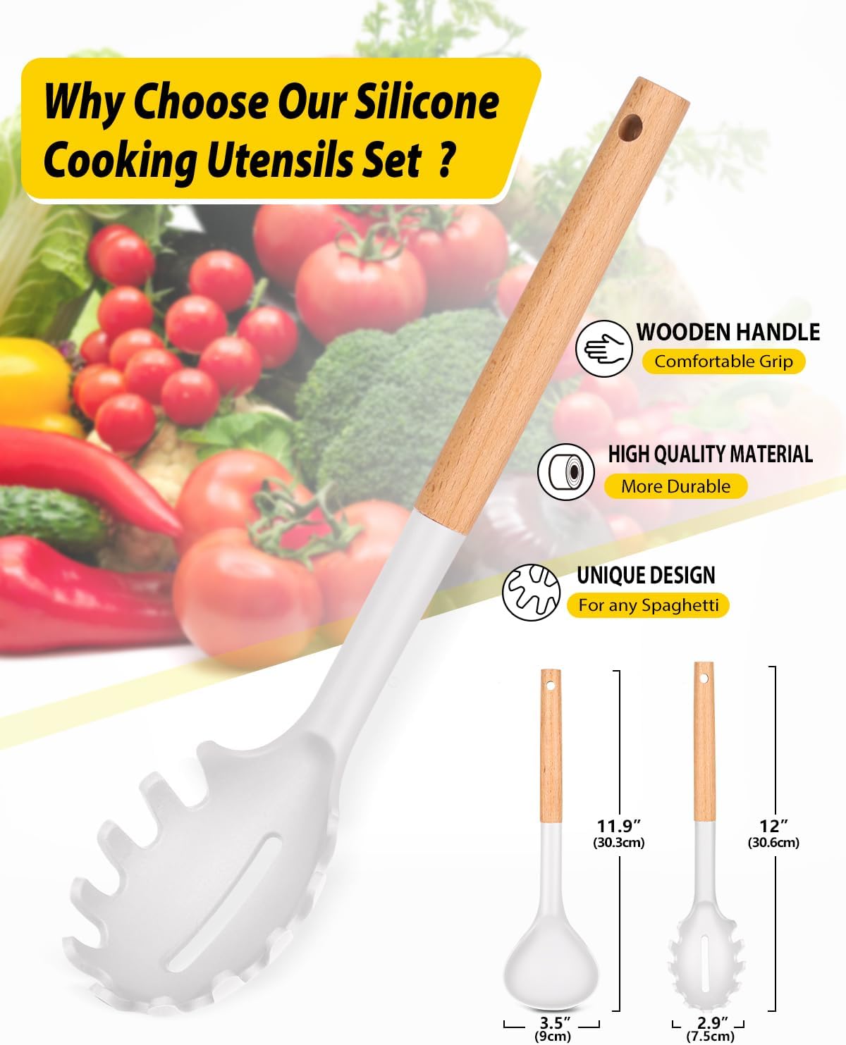 Silicone Pasta Fork and Ladle Spoon Set with Wooden Handle, Heat Resistant Non Stick Kitchen