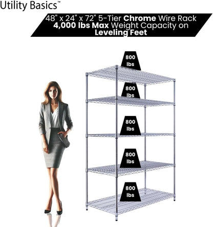 48"x24"x72" Chrome 5-Tier PREMIUM Wire Shelving NSF 4000 LBS MAX CAPACITY Heavy Duty Steel Storage
