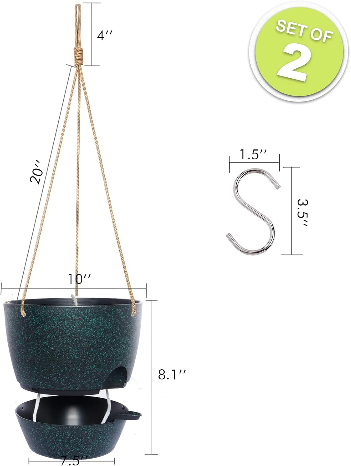 10 Inch Self Watering Hanging Pots, 2 Pack Hanging Planters with 40oZ Deep Reservior for Indoor