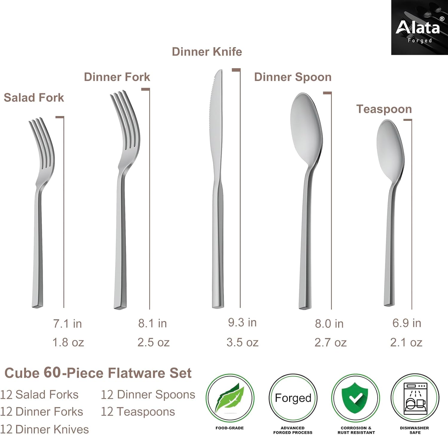 Alata Cube 60-Piece Forged Stainless Steel Flatware Set Cutlery Set, Silverware Set Service for 12