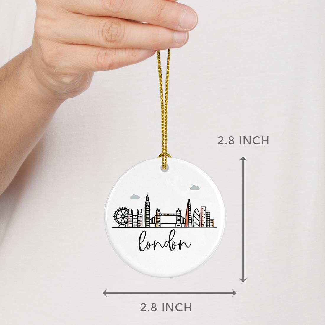 Andaz Press Round Ceramic Porcelain Christmas Tree Ornament Keepsake Gift, London, Colorful