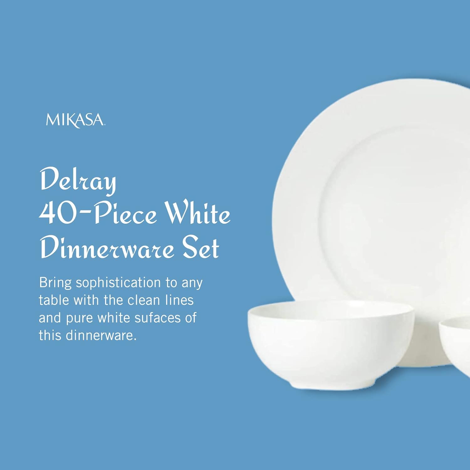 Mikasa Delray 40-Piece White Dinnerware Set, Service for 8, Durable Porcelain Plates, Bowls, and