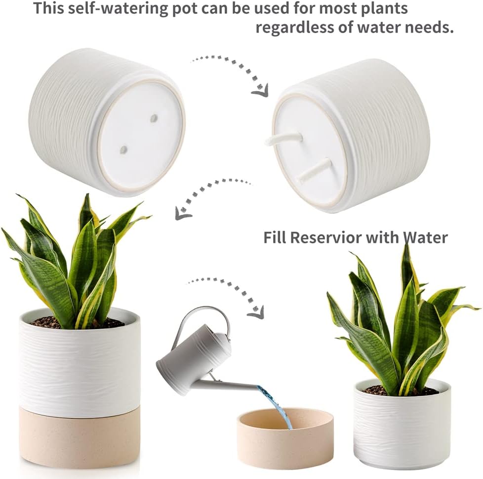 Nihow Self Watering Plant Pot: 6 Inch Ceramic Planter with Drainage Hole & Water Storage Plus for