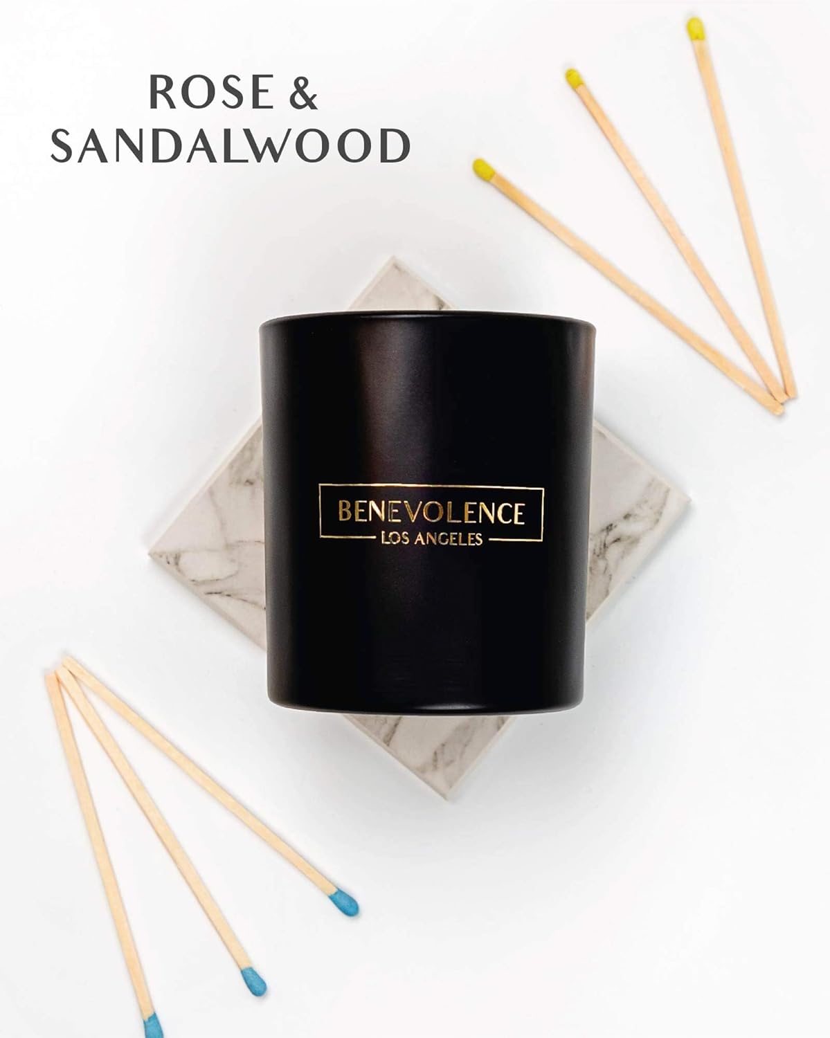 Benevolence LA Rose & Sandalwood Scented Candle | Soy Candles, Black Candle for Home | Gifts for