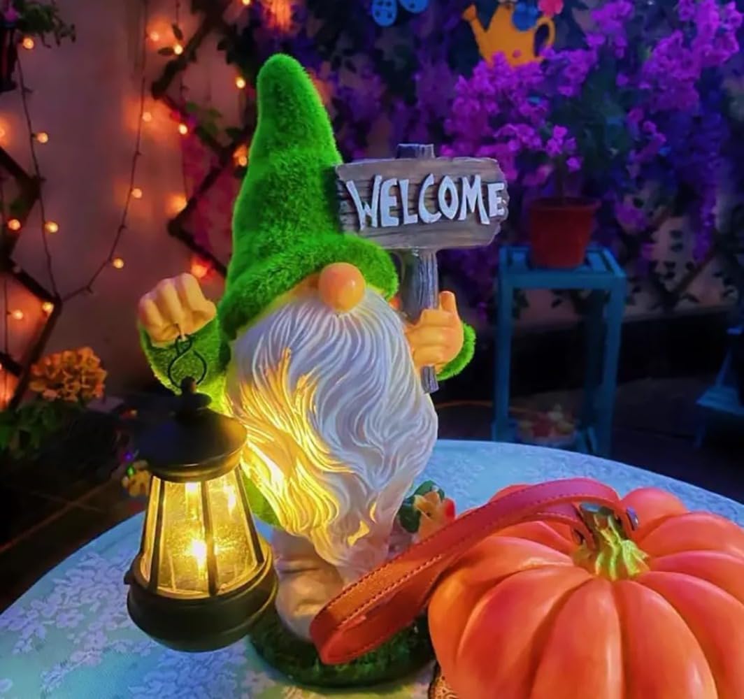 Solar Gnome Outdoor Garden Fall with Solar Lantern - 11’’Halloween Autumn Welcome Gnomes